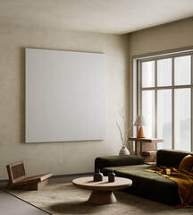 living room interior mock up with modern furnitures. Poster frame mock up in modern interior design. 3D illustration