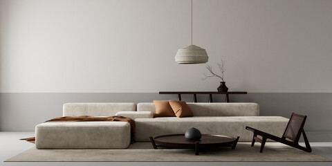 living room interior mock up with modern furnitures. Empty wall mock up in modern interior design. 3D illustration