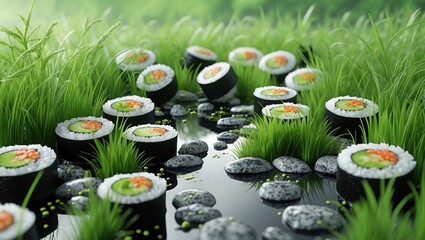 Sushi rolls green grass stones 3D