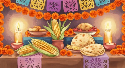 Vibrant Day of the Dead altar adorned with marigolds, candles and traditional food