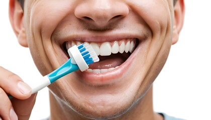 Close-up of Man Brushing Teeth with Blue Toothbrush