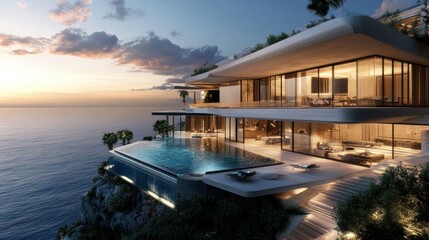 Fototapeta premium Luxury cliffside house with multiple floors, modern architecture, overlooking the sea, background wallpaper AI generated image