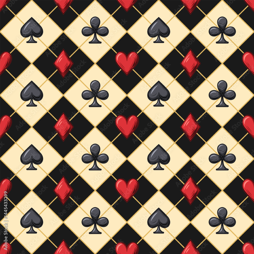 Poster seamless geometric pattern with card suits icons on square checkered ornament with criss cross line 