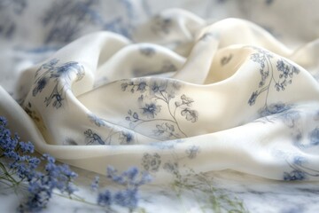 Delicate off-white silk fabric with a subtle blue floral print, elegantly draped.