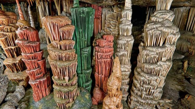 Colorful Rock Formations and Unique Geological Structures in an Underground Cave Environment