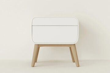 Modern white bedside table with light wooden legs. Simple, minimalist design with a single drawer.  A clean, contemporary piece for a bedroom