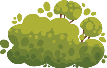 Cartoon tree and bush. Green plants with flowers for vegetation spring backyard landscape wood plant foliage. Nature forest lumber tree park and garden hedge bush vector isolated icon