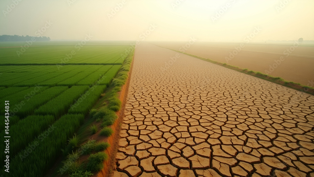 Poster aerial view of drought?stressed cropland demonstrating climate impact agriculture through visible so