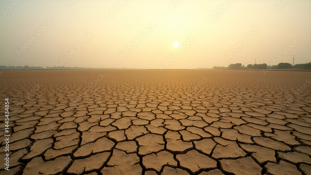 Poster aerial view of drought-stressed cropland: climate impact on agriculture with visible soil cracking a