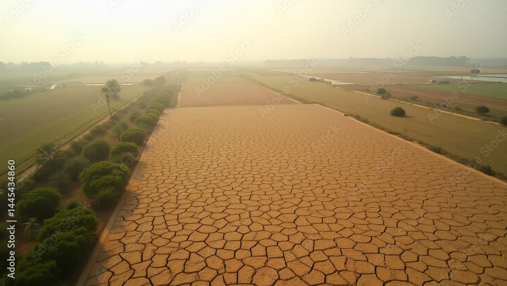 Poster aerial view of drought-stressed cropland: climate impact on agriculture with visible soil cracking a