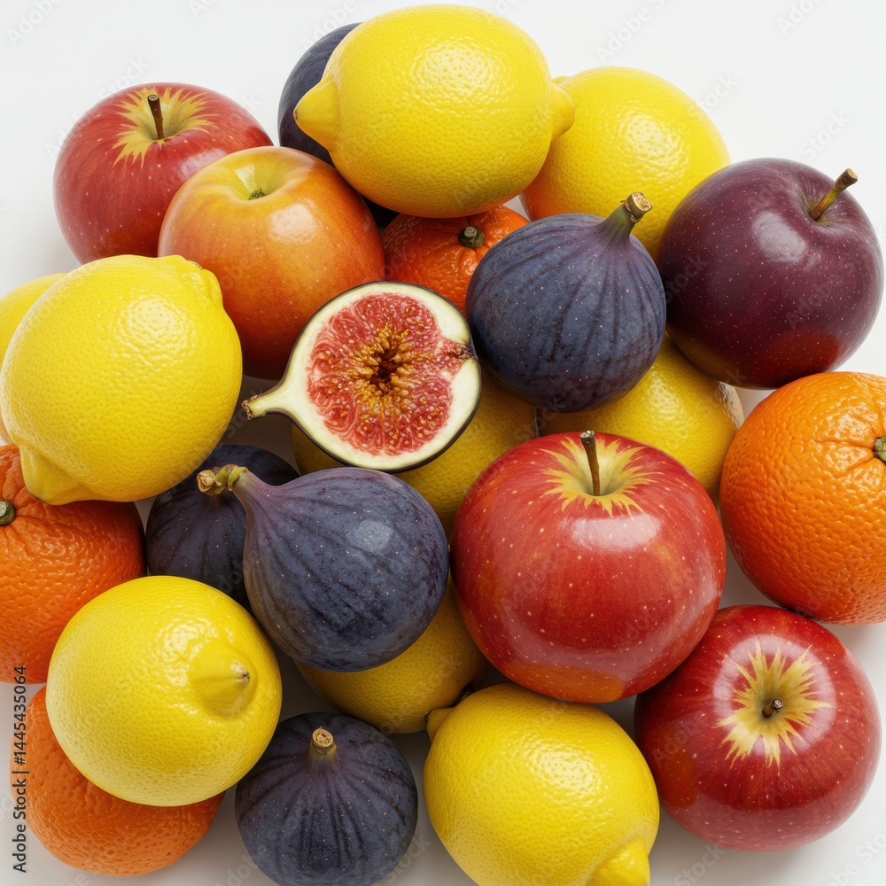 Poster a vibrant display of assorted fruits featuring apples lemons oranges and figs on a white background 