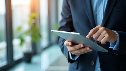 Business Leader Analyzing China-USA Trade Data on Digital Tablet in Modern Office - Tax Review Report with Empty Space for Text