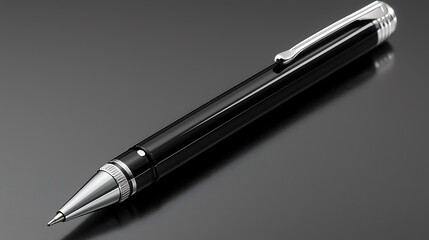Close-up of a sleek black pen with silver accents resting on a reflective surface