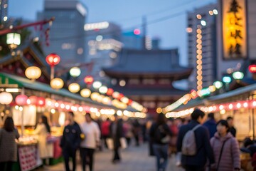 Fototapeta premium Vibrant night market scene in tokyo with blur background aesthetic and food stalls