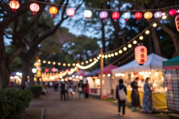 Festive lanterns illuminate night market japan blur background vibrant atmosphere