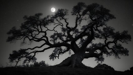 Silhouette of Old Tree Under Moonlit Starry Sky