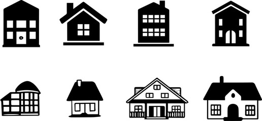 Residential Houses and Apartments Icon Set – Black and White Vector