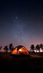 Starlit Canvas Night An Orange Tent Radiates Warmth Under a Sky Full of Twinkling Wonders