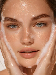 A young woman gently cleanses her face with soap, showcasing a fresh, radiant complexion in a well-lit environment