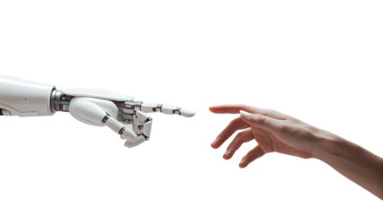 A white cyborg robotic hand with an extended finger pointing toward a human hand with an extended finger  isolated on white background PNG