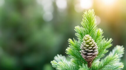 Pine Cone with Needles, Lush Green Style, High-Definition Sunlight, Close-up Vertical Shot, Vibrant Texture, Natures Growth, Forest Backdrop, Soft Green Hues, Ideal for Nature Ads