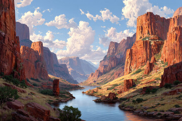 Majestic canyon landscape with towering red cliffs, a calm river, and a bright blue sky filled with fluffy clouds.