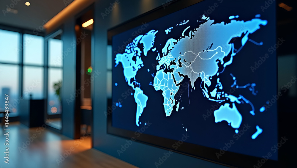 Poster ribbon view of global economy and tariffs graph overlay on world map displayed on large digital scre