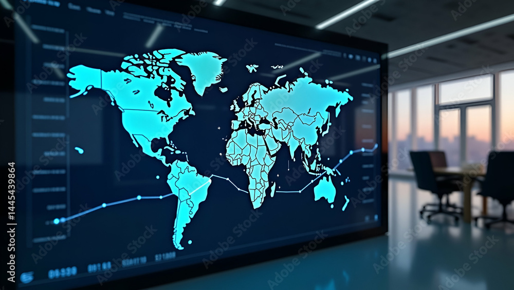 Aufkleber ribbon view of global economy and tariffs graph overlay on world map displayed on large digital scre