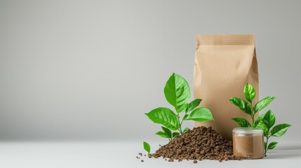 Eco-friendly packaging with soil and green plants on a minimalistic background.
