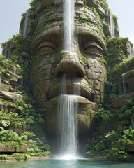 A colossal stone face covered in greenery forms the backdrop of a waterfall, cascading into a serene pool surrounded by lush plants.