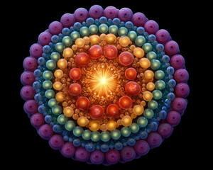 A vibrant, symmetrical mandala of colorful spheres radiates from a glowing center on a black background.