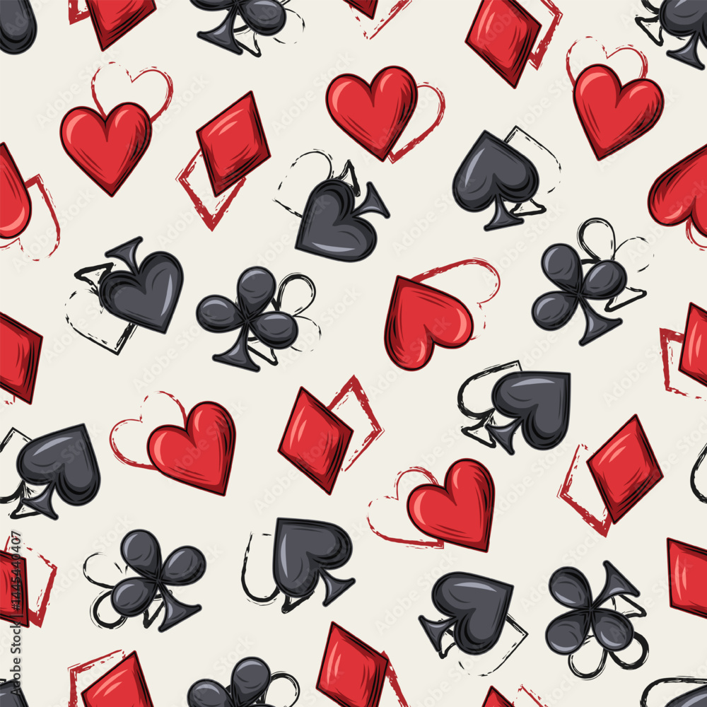 Poster seamless pattern with randomly scattered card suits icons on white background. outline and classic s