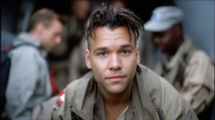Fototapeta premium Close-up of a young male pilot with brown eyes and styled hair, surrounded by fellow crew members in an aircraft or military setting