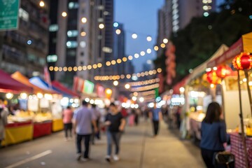Vibrant night market scene city streets food stalls urban environment blur background