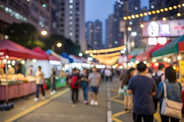 Vibrant night market scene with blur background urban cityscape food stalls evening ambiance
