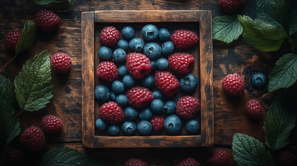 Fresh Raspberries and Blueberries in Rustic Wooden Box – Top View of Summer Berries