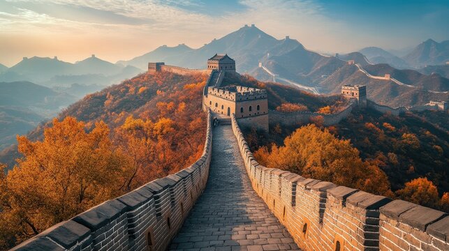 Beautiful autumn landscape of the great wall of china with golden foliage