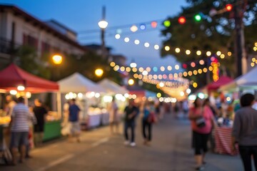 Evening market stroll city street blurred background vibrant lights festive atmosphere