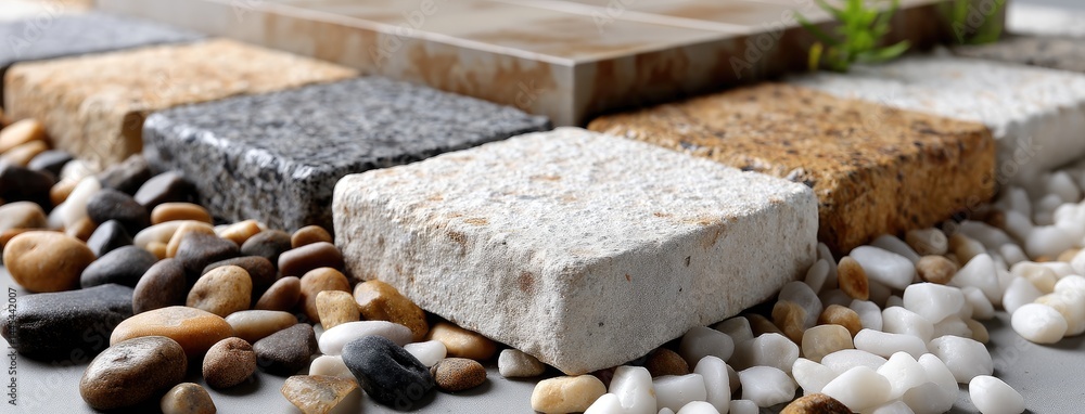Poster close-up highlights granite tile edges with irregular shapes, showcasing pebbles nestled between the