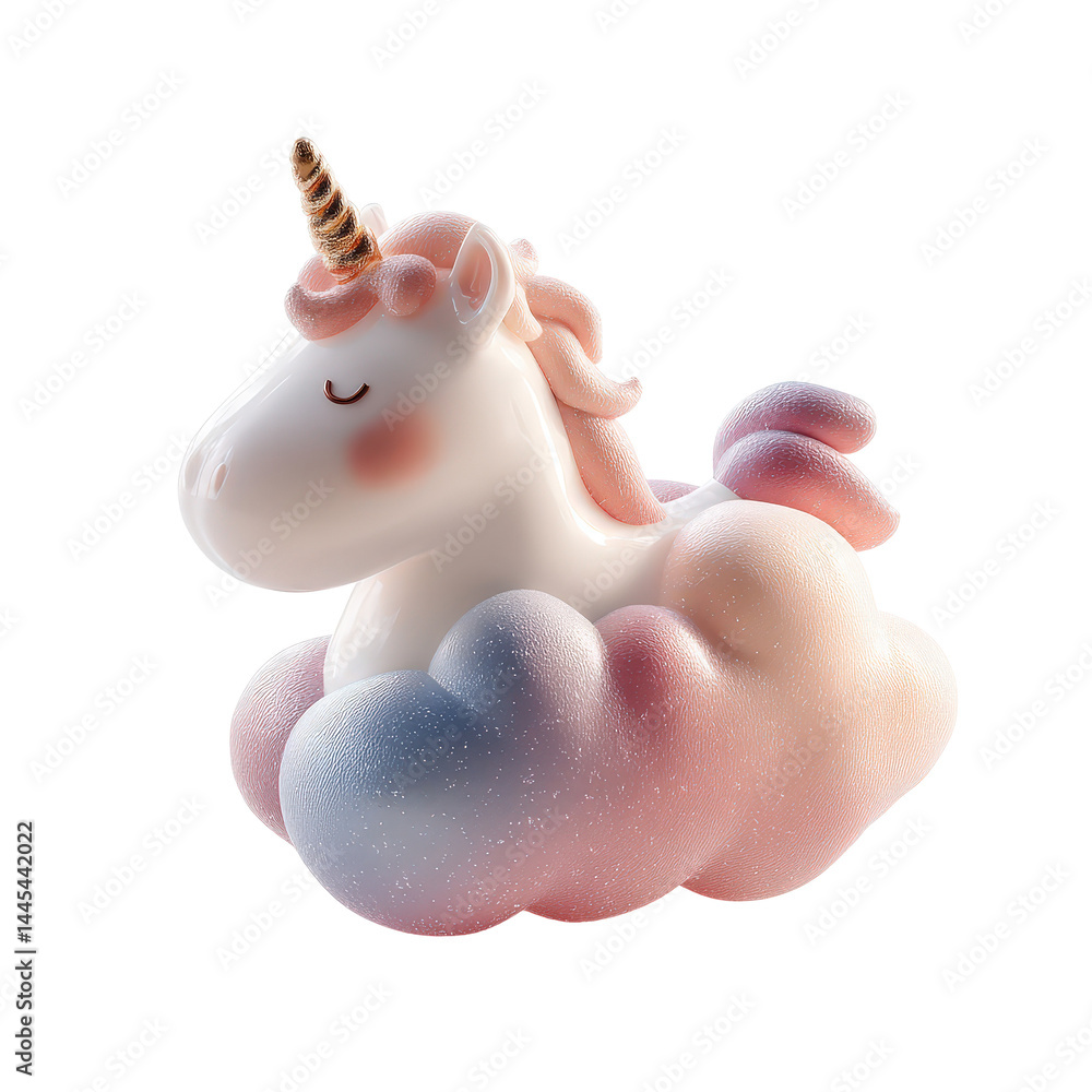 Poster fantasy unicorn floating on cloud in soft colors 3d render