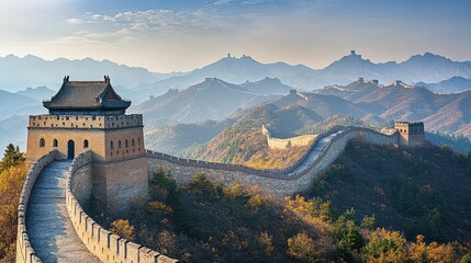 Fototapeta premium Great wall of china in autumn: majestic mountain landscape with historic architecture