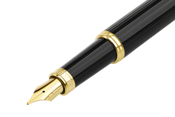 Close up of black and gold fountain pen writing instrument isolated on white background PNG