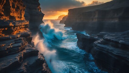 Fototapeta premium Ocean Wave Crashing on Rock Cliff at Sunset Landscape View