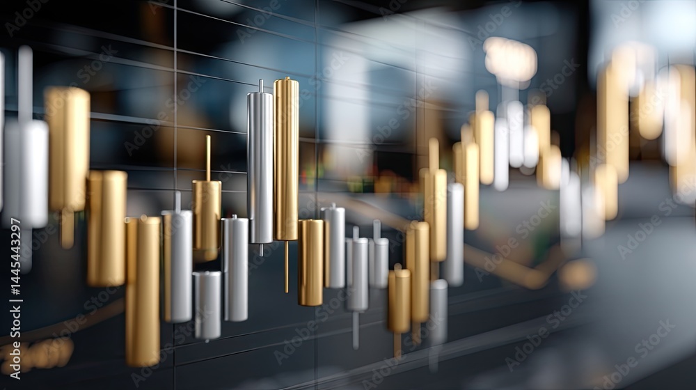 Poster visual representation of a dynamic financial market with candlestick charts displaying trading trend