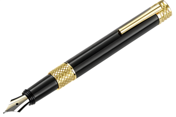 Close up of black and gold fountain pen writing instrument isolated on white background PNG
