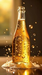 Golden bubbles burst from champagne bottle, frothy spray , drink, glossy