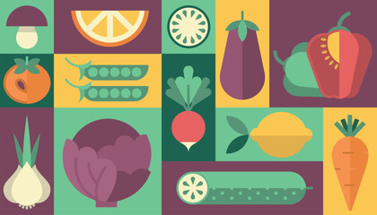 Vegetables fruits diet healthy food vegetarian background vector geometric menu poster icon set logo
