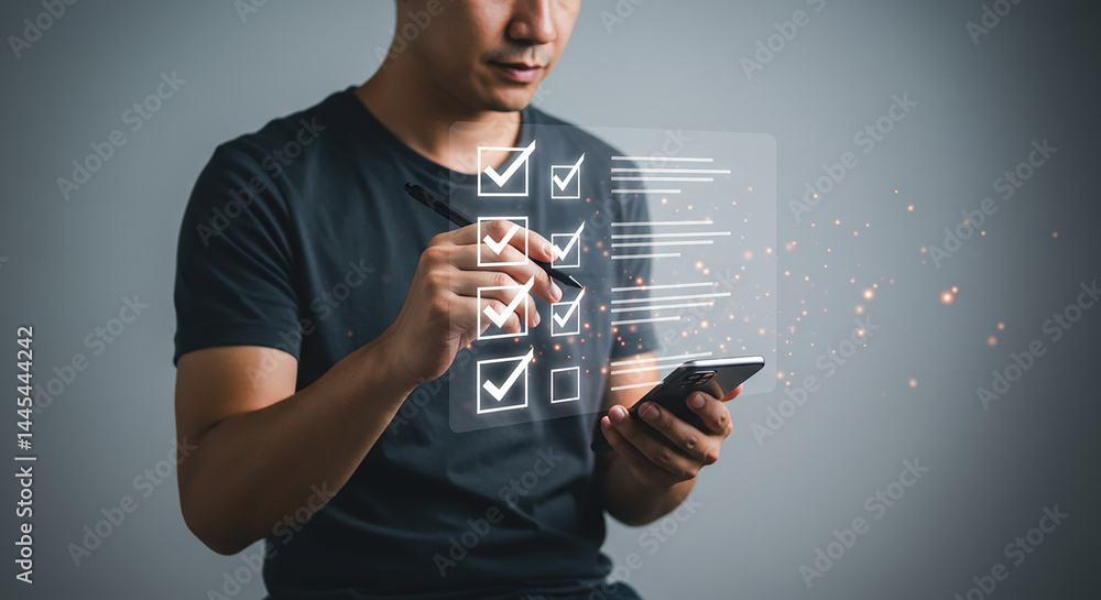 Aufkleber a man using a stylus on a smartphone with a digital checklist overlay against a gray background