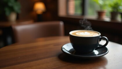 Fototapeta premium Isolated luxury coffee, minimalist setting, dark wood table, warm tones , drink, hot, beverage