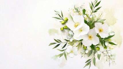 Gentle bouquet with soft white petals and olive sprigs, evoking calm and purity